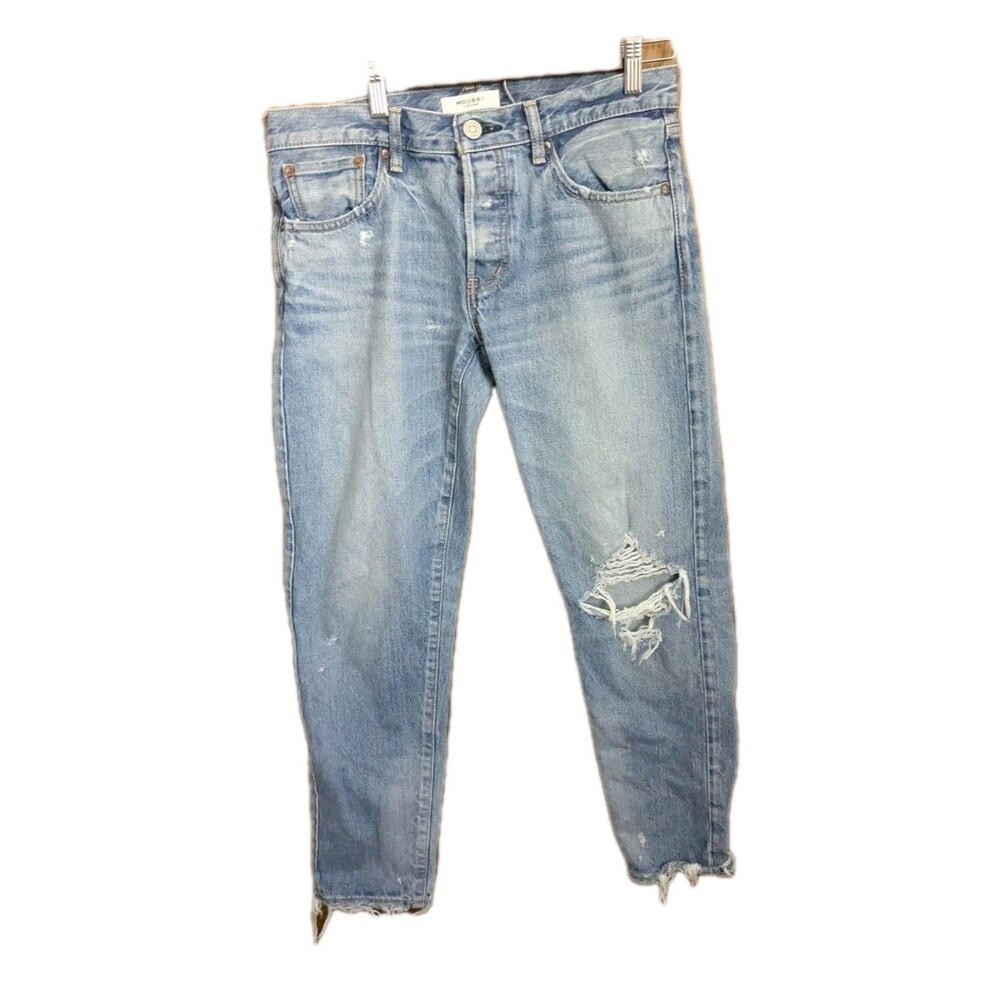 MOUSSY Vtg Womens Size 28 Light Wash Straight Leg Jeans Distressed Raw Hem Denim